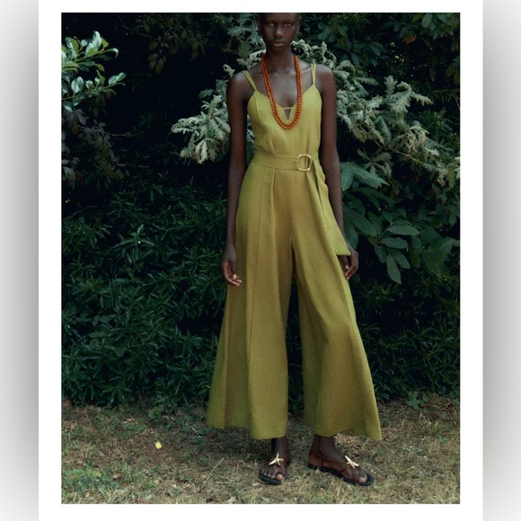 Zara Olive linen Green Wide-Leg Jumpsuit with belt